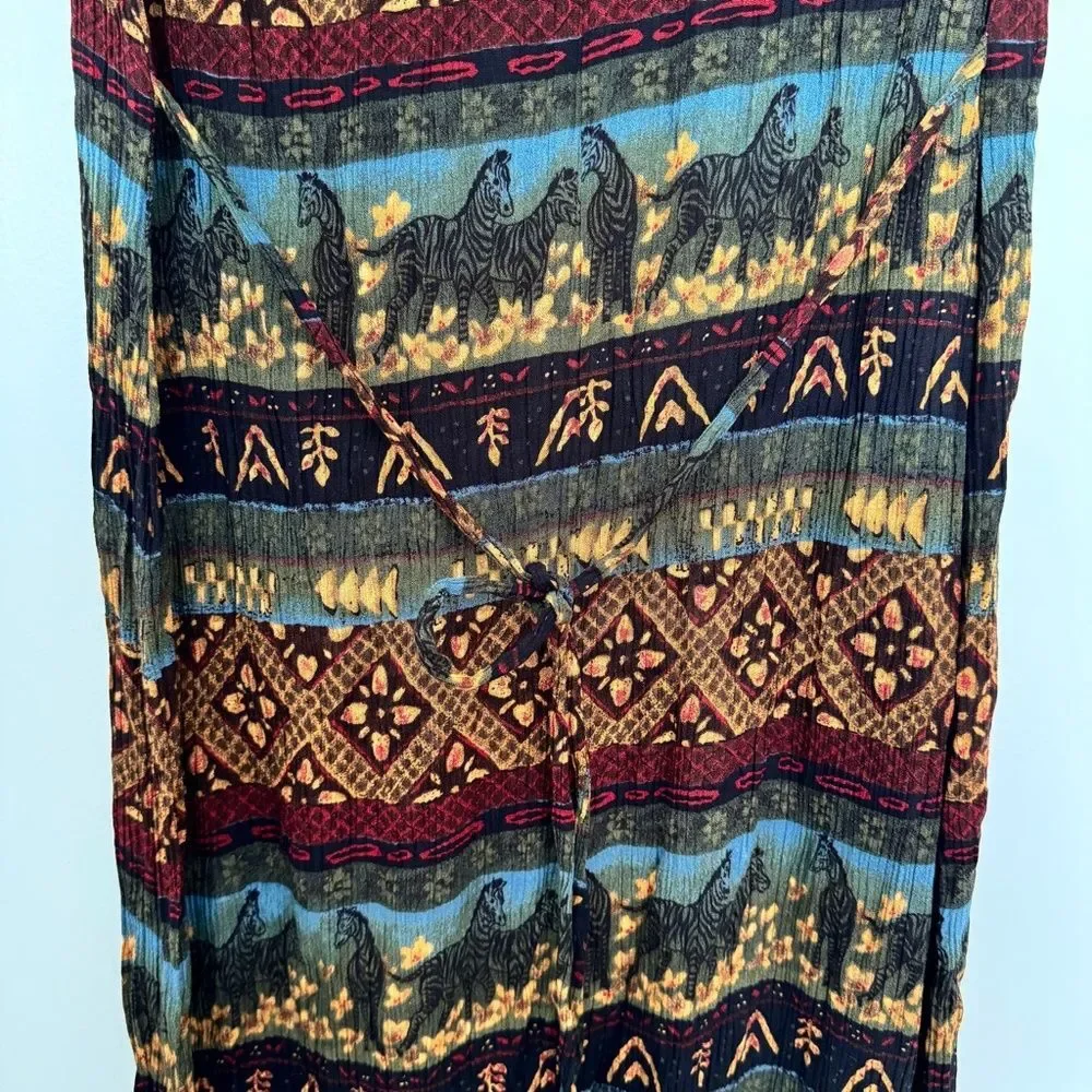 Vintage Size 12 Tribal Zebra Print Maxi Dress 90s Rayon Sleeveless